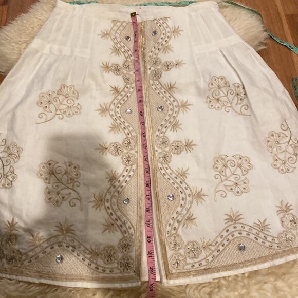 Anne Carson Linen Embroidered Beaded Midi Skirt Sz 6 Midi Slit Front Embellished - Picture 11 of 14